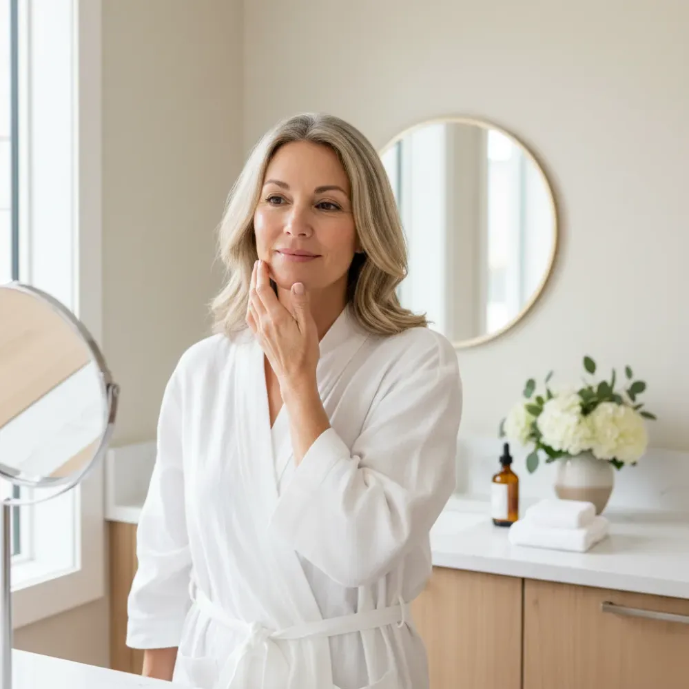 Woman in a robe touching her cheek in a mirror after a facial treatment at a Murrells Inlet skin clinic.
