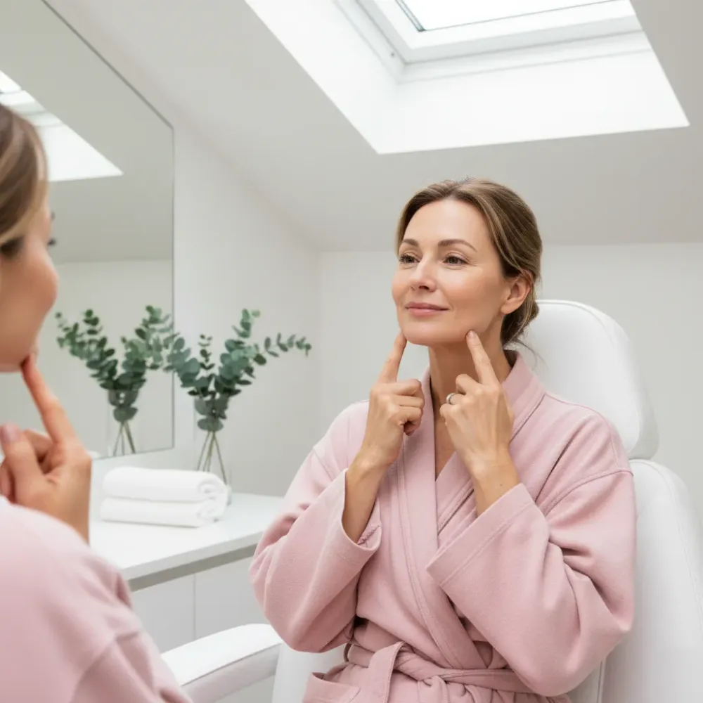 Woman in her 50s examining her refreshed, even-toned skin in a mirror after a medical grade facial.