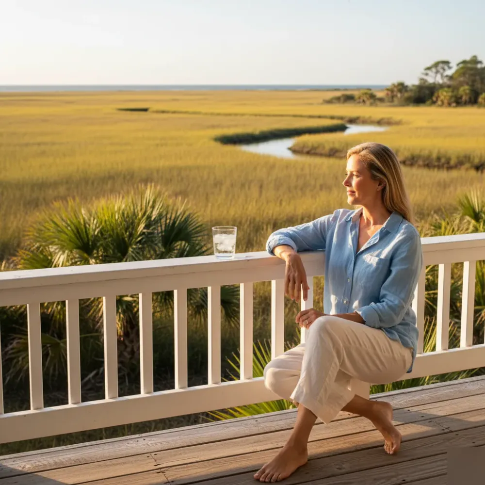 Woman in her late forties sits on a sunlit coastal porch in Murrells Inlet, looking out over a marsh landscape at golden