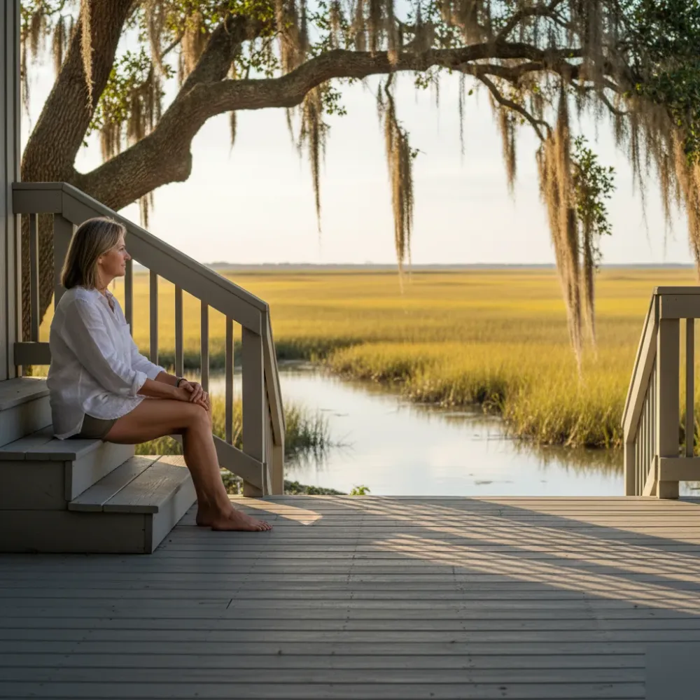 Woman in a linen shirt sits on a sunlit coastal porch overlooking marsh grasses and calm water near Murrells Inlet.
