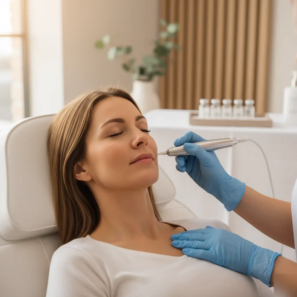 A woman reclines in a treatment chair as a provider applies a microneedling pen to her cheek during a PRP facial in Murrells Inlet.