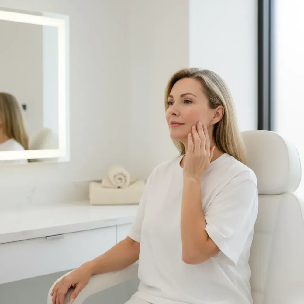 Woman in her early 50s examines her smooth, slightly flushed skin in a mirror after a PRP facial treatment.
