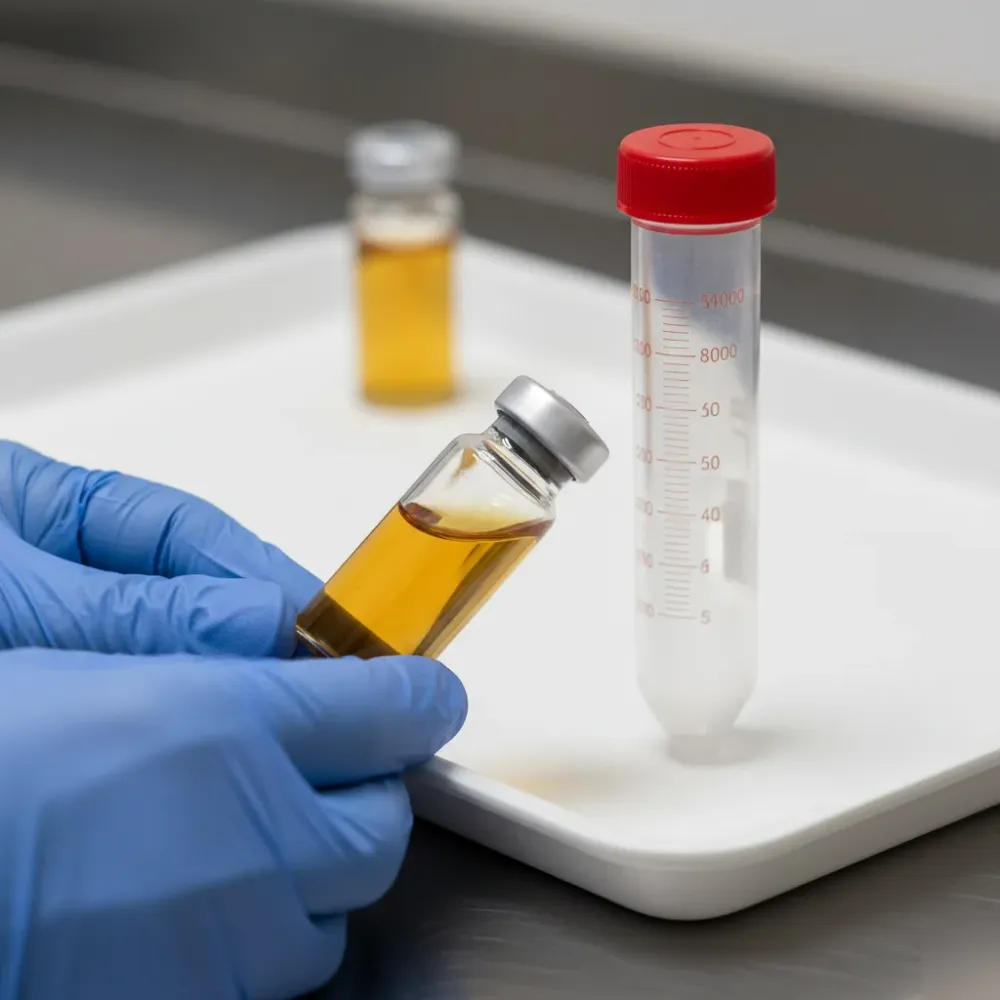 Gloved hands hold a small glass vial of golden platelet-rich plasma above a clean white clinical tray.