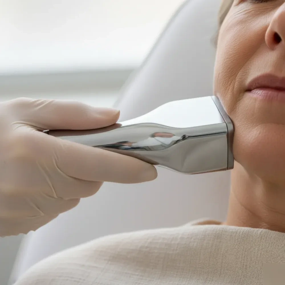 Close-up of a radiofrequency device pressed against a woman's jawline during an anti-aging skin treatment.
