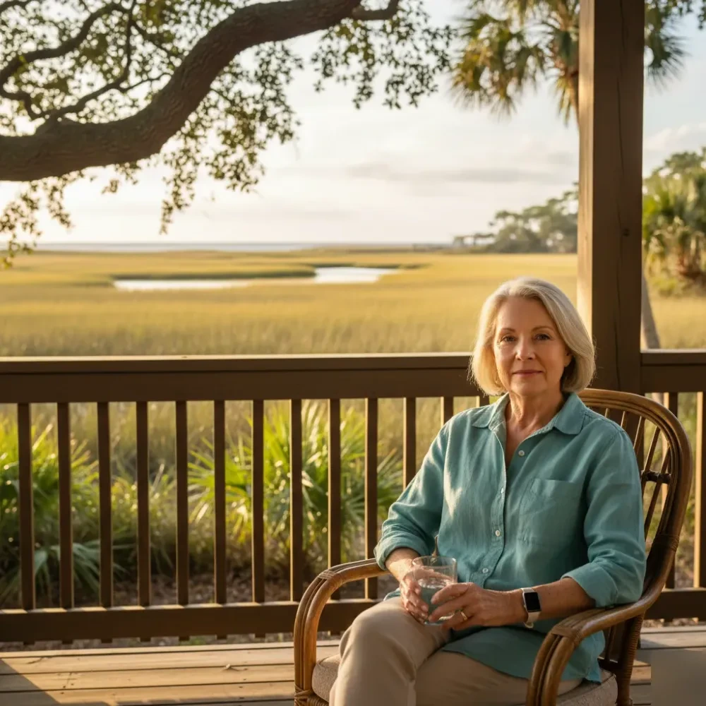 Woman in her early 60s sitting on a sunlit coastal porch in Murrells Inlet after Restylane filler treatment — Restylane Injections at Jolie Visage in Murrells Inlet, SC