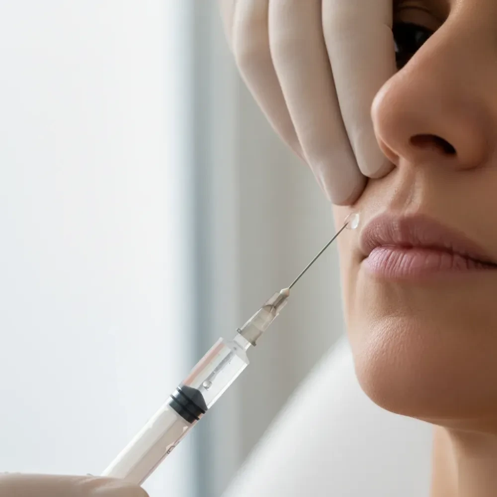 Close-up of a fine-gauge syringe delivering Restylane filler beside the nasolabial fold of a woman in her 40s — Restylane Injections at Jolie Visage in Murrells Inlet, SC