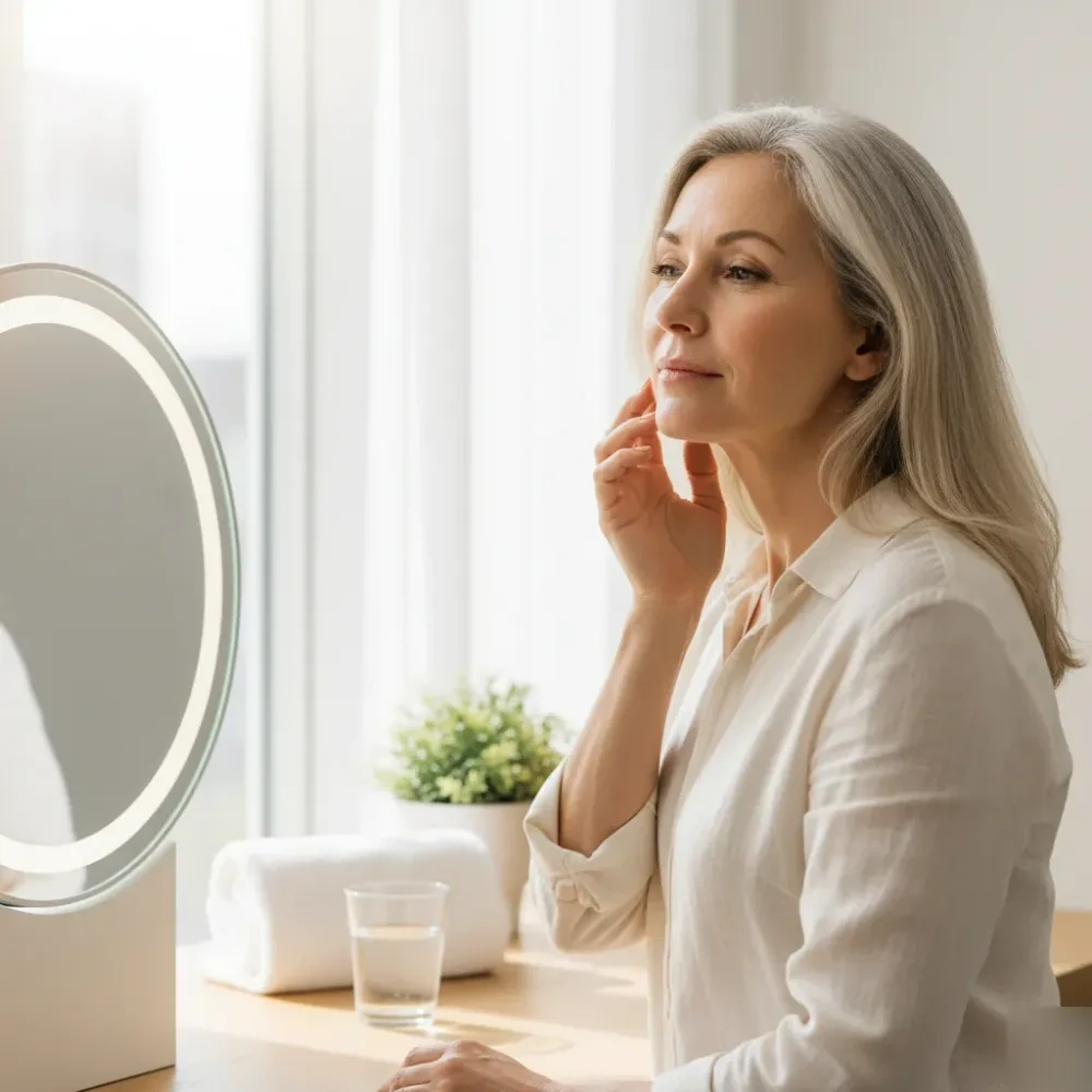 Woman in her late 50s examining her face in a clinic mirror after Restylane filler treatment in Murrells Inlet — Restylane Injections at Jolie Visage in Murrells Inlet, SC
