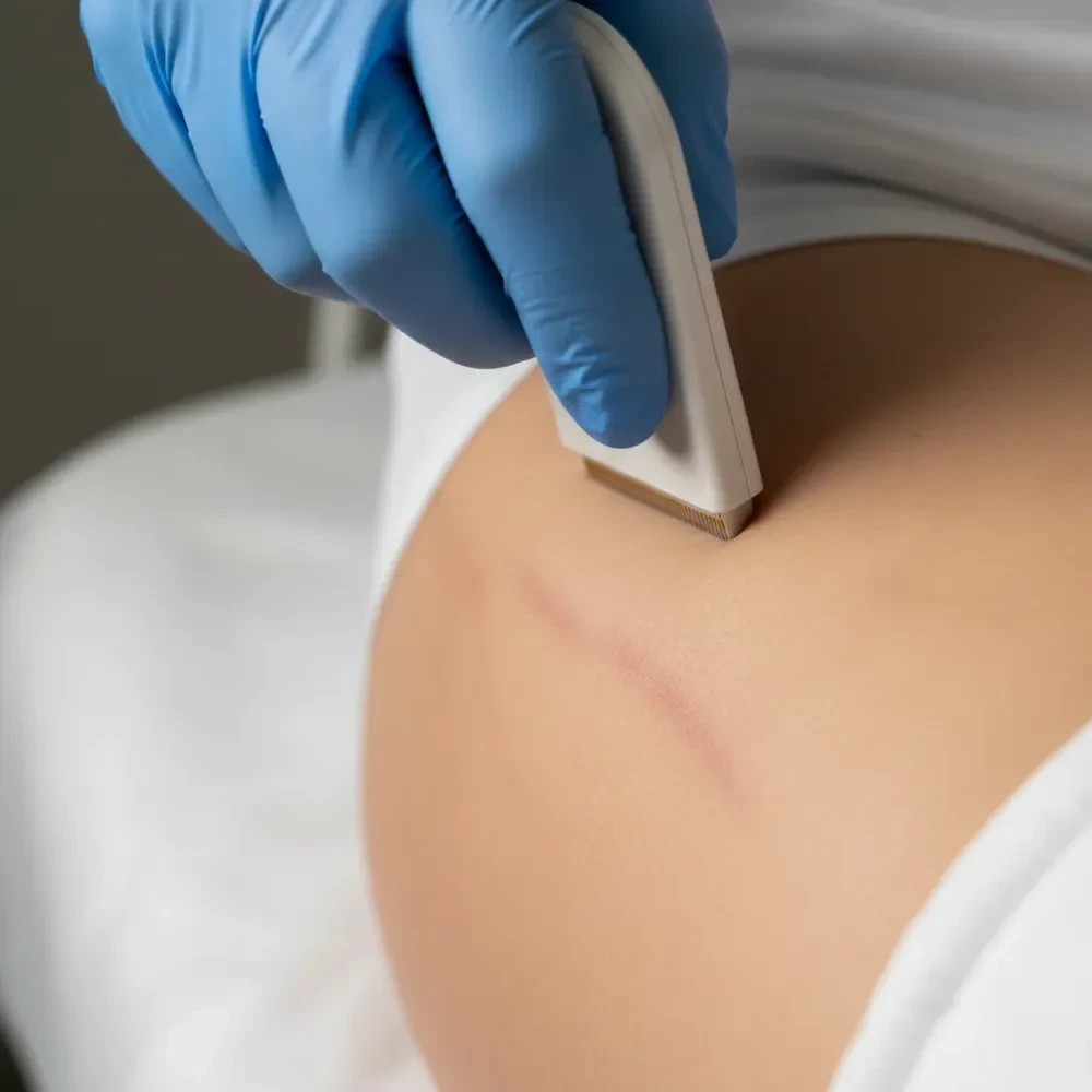 Gloved hand pressing a radiofrequency microneedling tip against skin with visible stretch marks during a clinical treatment.