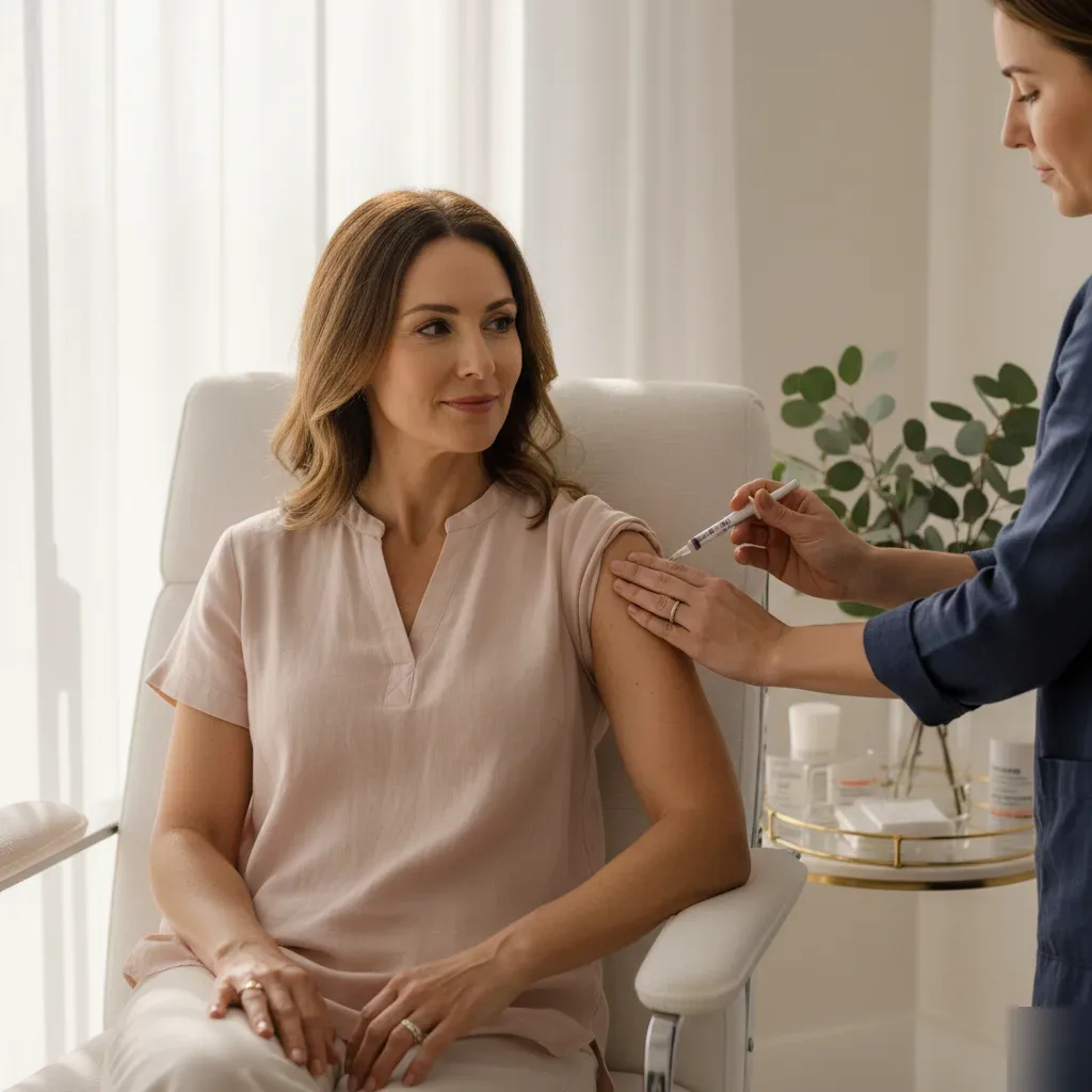 Woman in her late forties receives a semaglutide injection from a provider in a bright boutique clinic in Murrells Inlet.