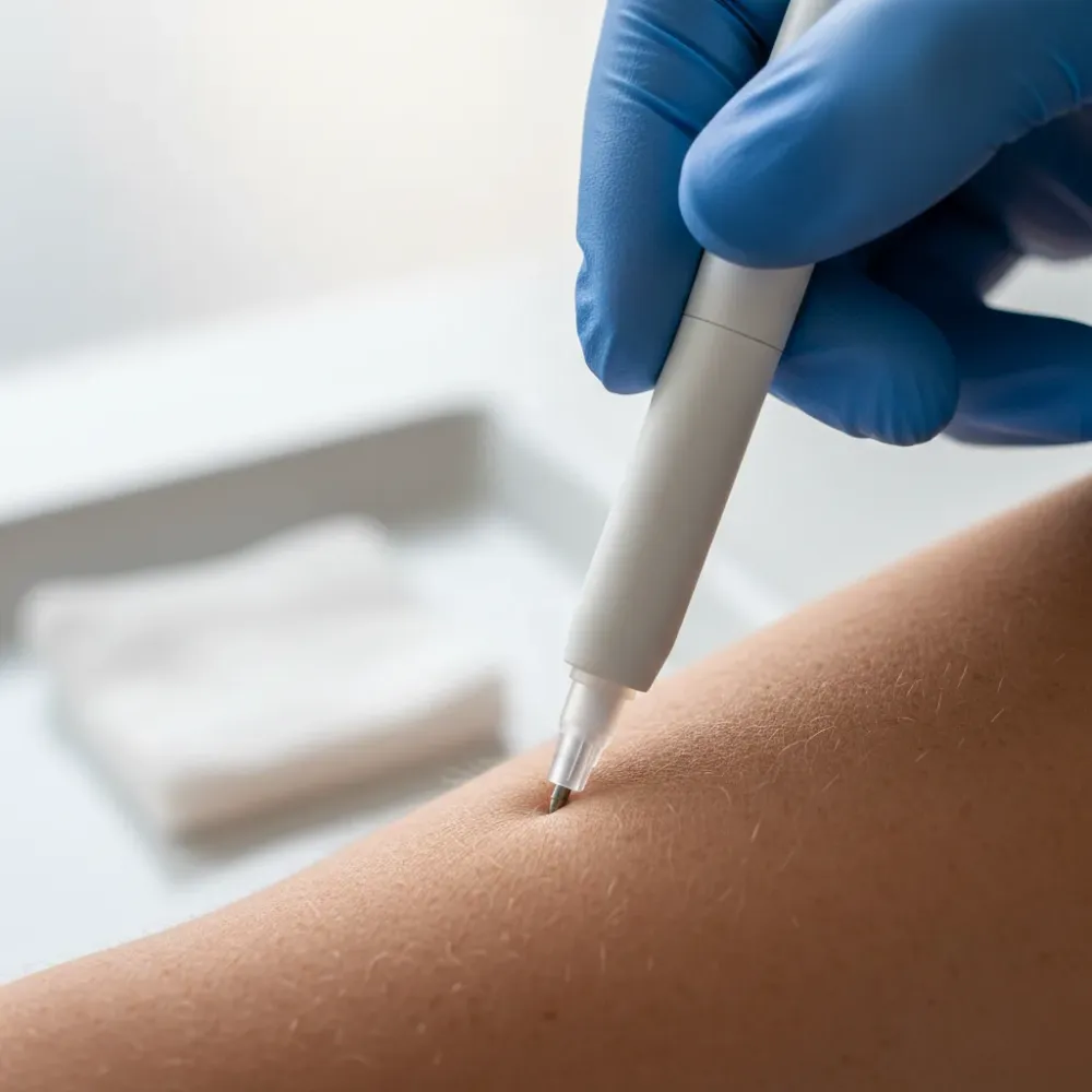 Close-up of a gloved hand positioning a semaglutide injection pen against a patient's forearm in a clinical setting.