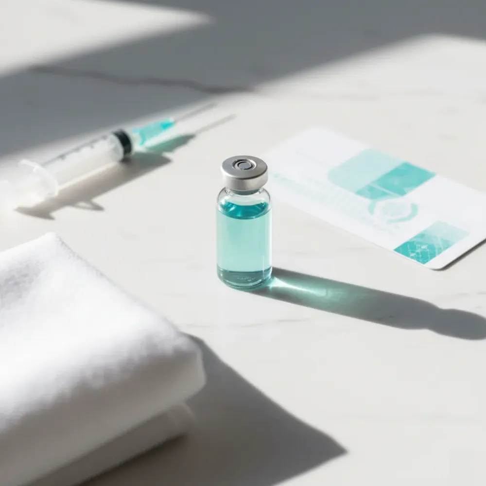 A glass vial, syringe, and dosage card arranged on a white marble surface in a clinical setting.