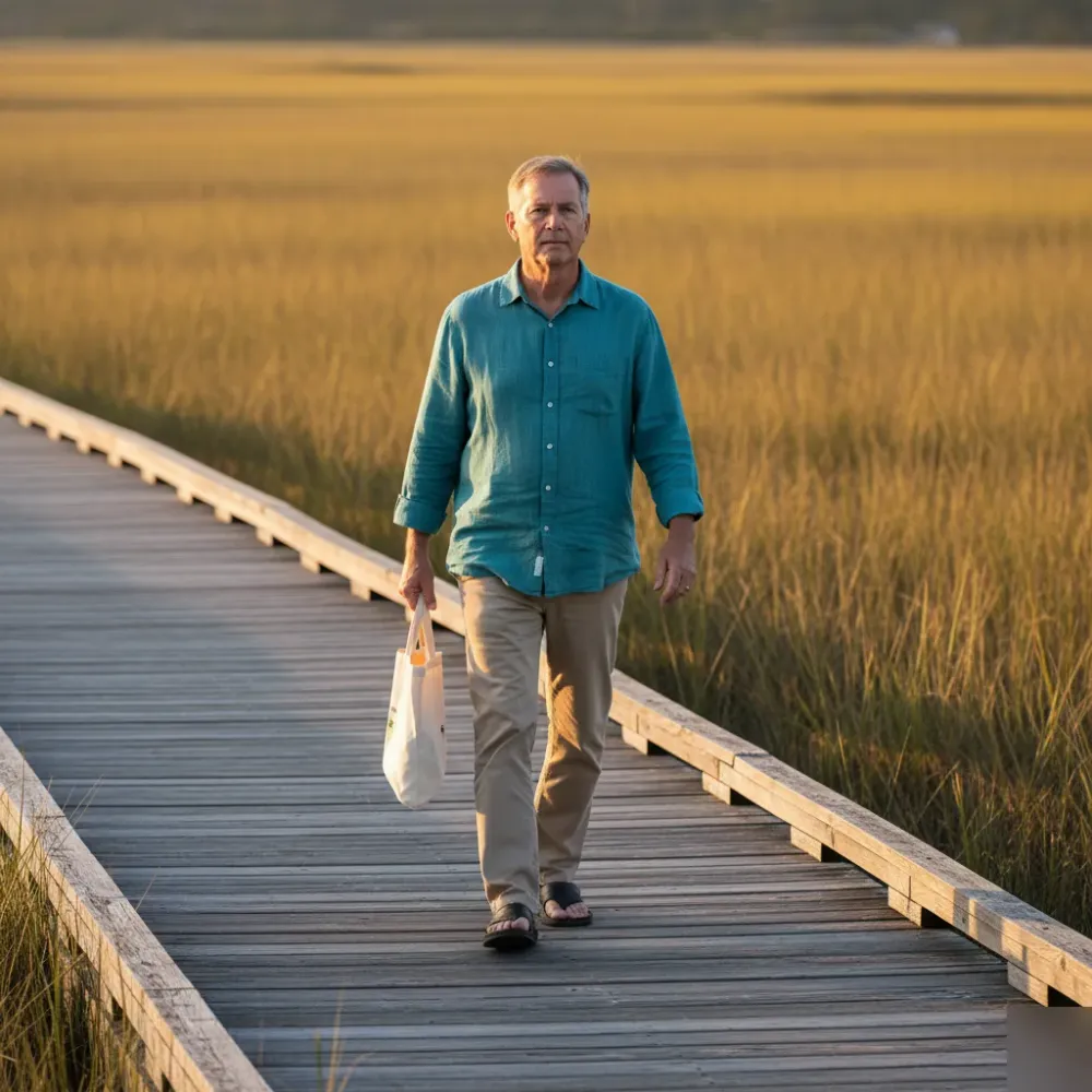 A man in his early sixties walks along a coastal boardwalk near marsh grass in Murrells Inlet during golden hour.