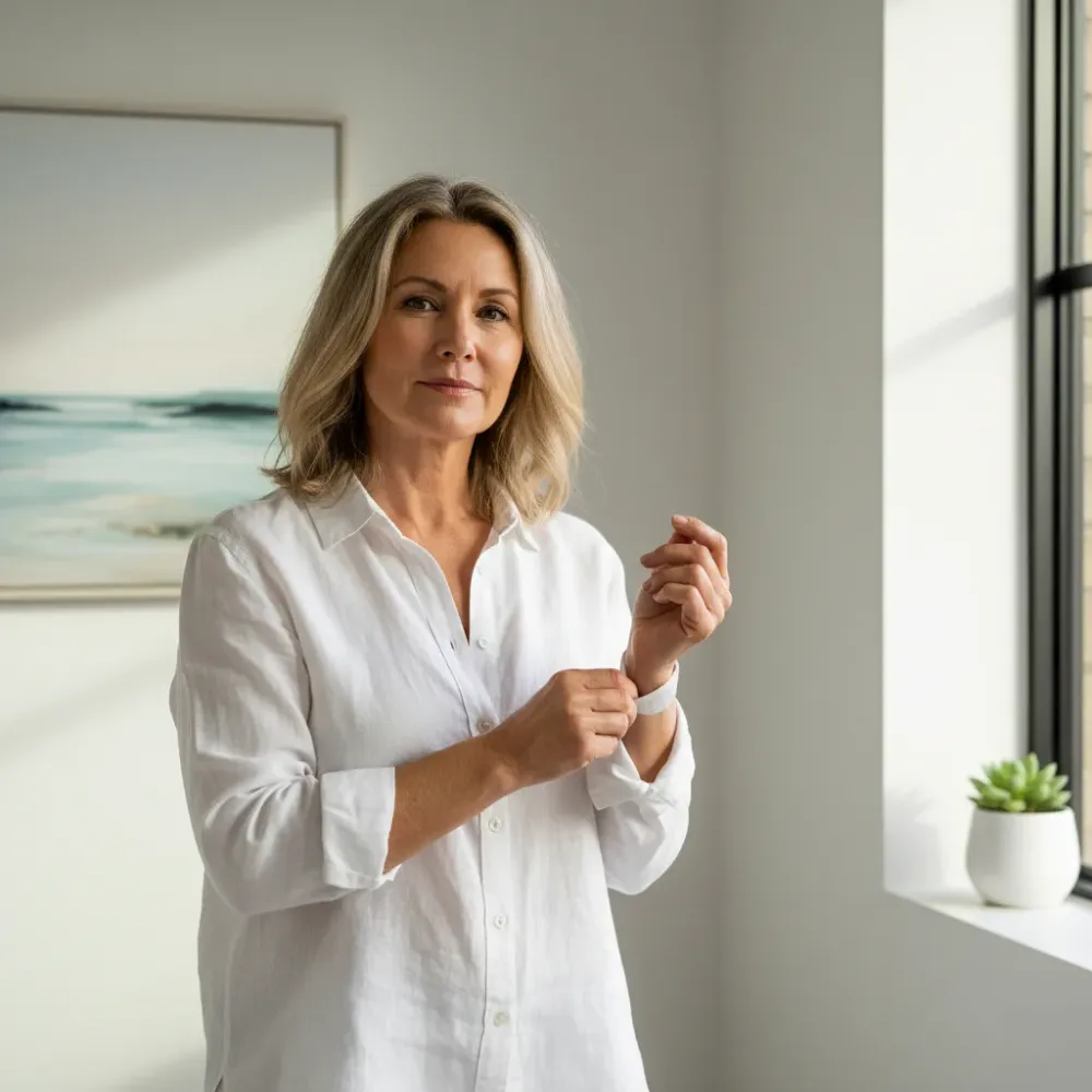 Woman in her mid-fifties stands near a sunlit clinic window in a linen shirt, looking composed and at ease.