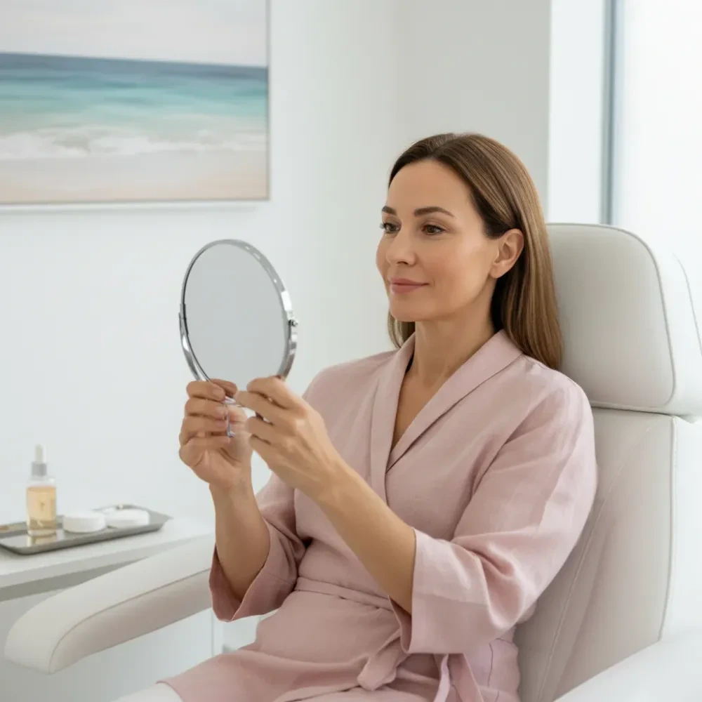Woman examines her skin in a handheld mirror after a rejuvenation treatment inside a bright coastal clinic.