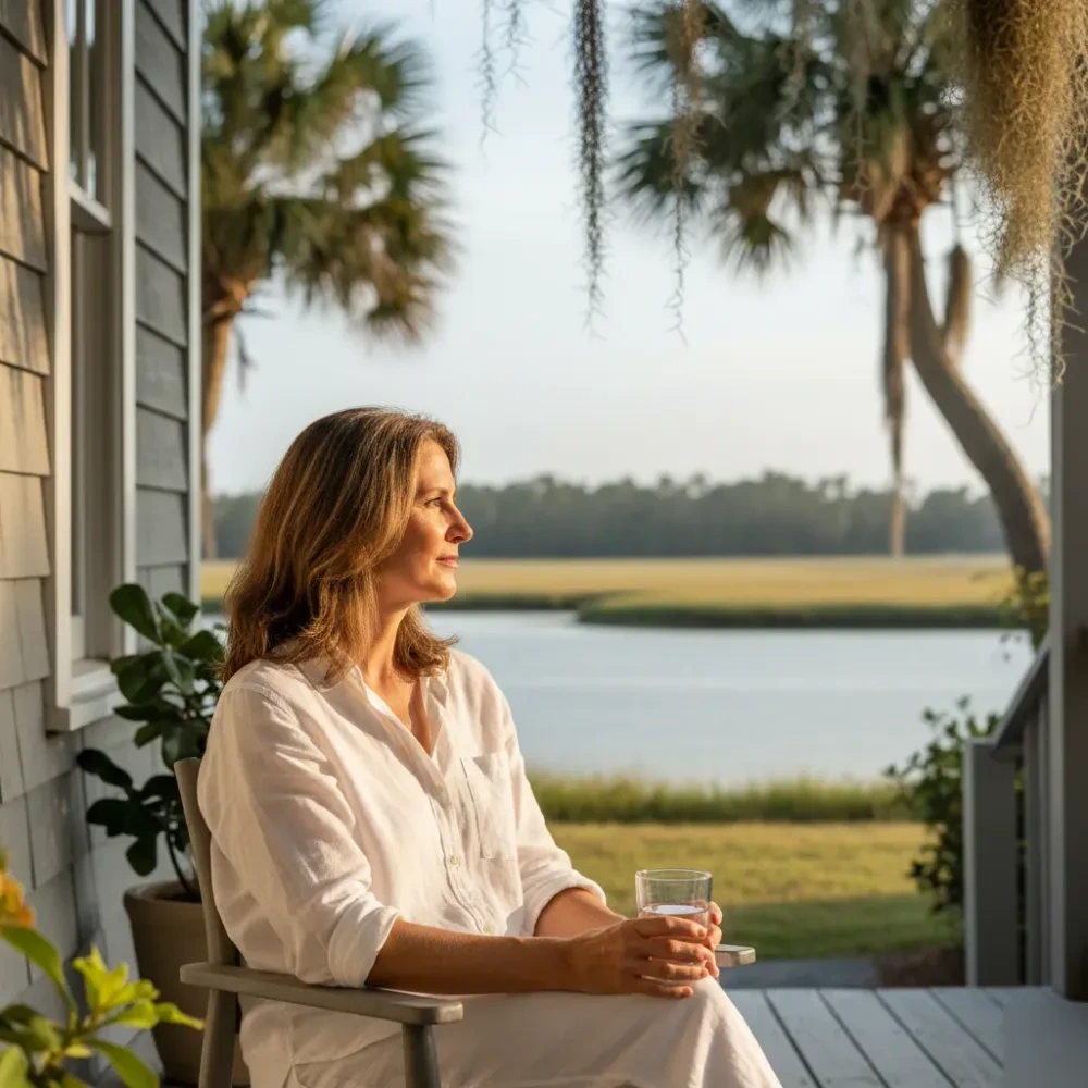 Woman with even, healthy skin sits on a sunlit coastal South Carolina porch overlooking a quiet inlet waterway — Skin Rejuvenation at Jolie Visage in Murrells Inlet, SC