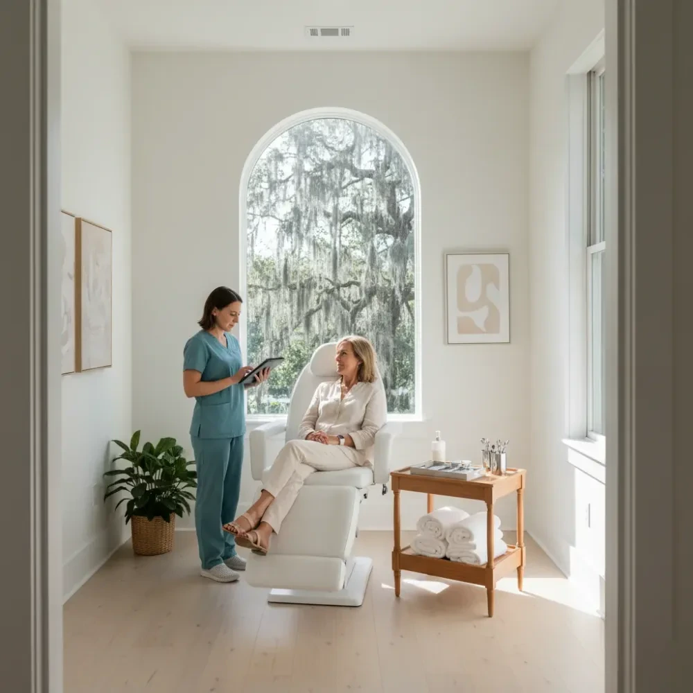 Woman sits in a treatment chair inside a bright coastal clinic in Murrells Inlet while a technician reviews a tablet — Skin Tightening at Jolie Visage in Murrells Inlet, SC