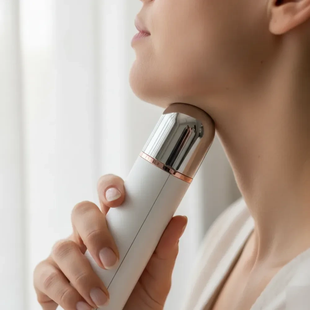 Close-up of a radiofrequency skin tightening device pressed against a woman's neck during a non-invasive treatment.