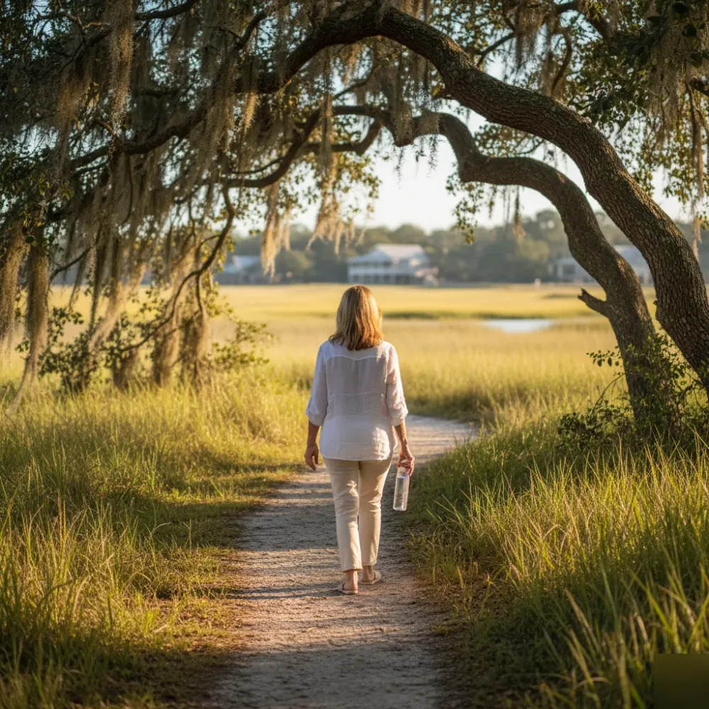 A woman walks a marsh-side path in Murrells Inlet holding a water bottle during her craving control wellness routine.