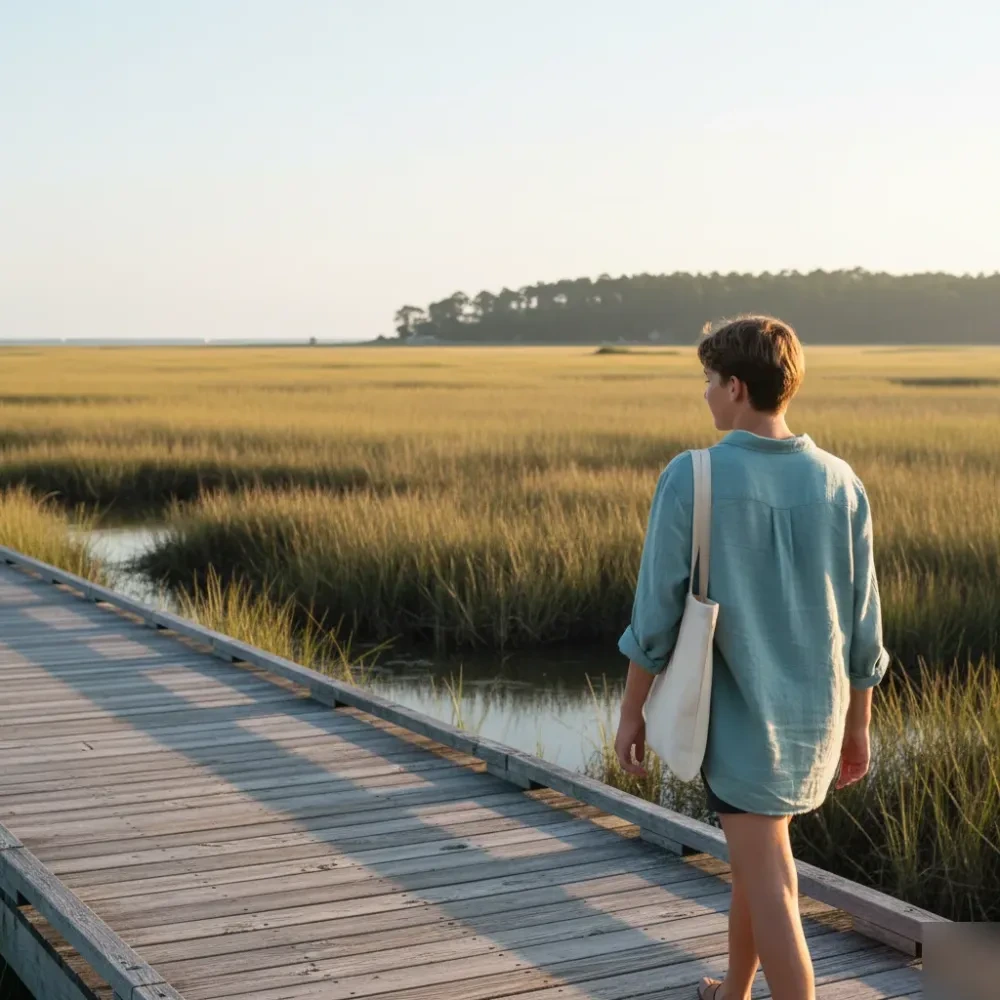 Teen walks along a sun-lit wooden boardwalk near coastal marsh in Murrells Inlet, South Carolina.