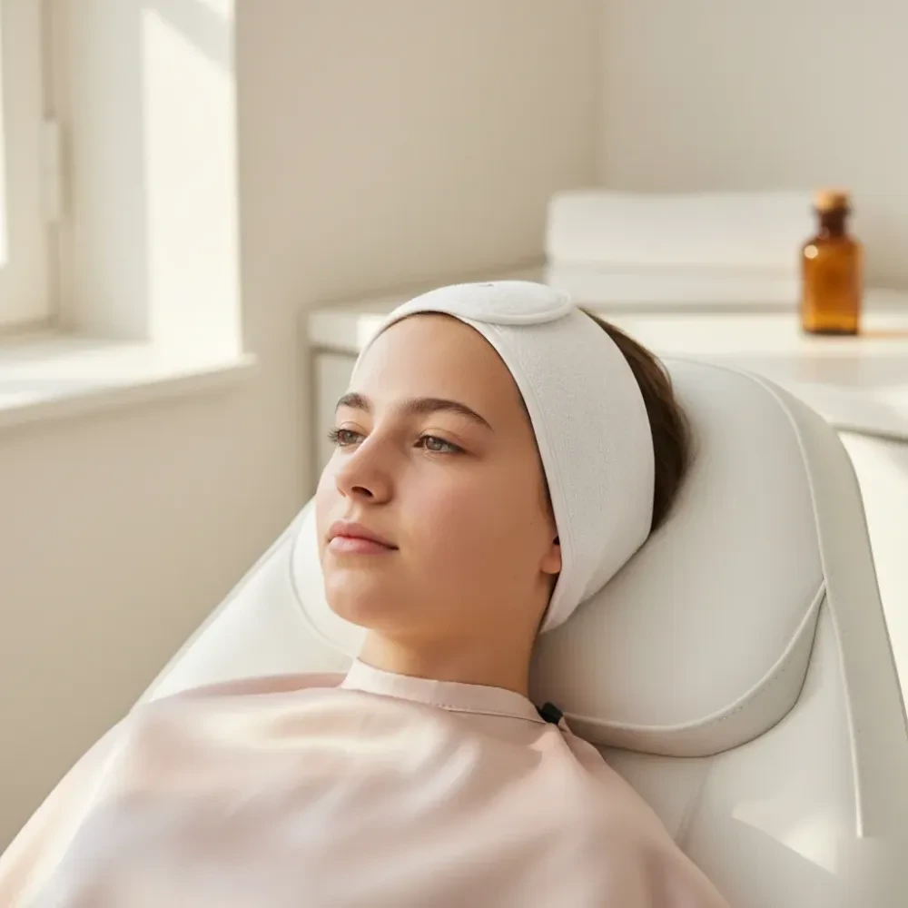 Teen sits calmly after a facial treatment, skin appearing hydrated and clear in a bright clinic room.