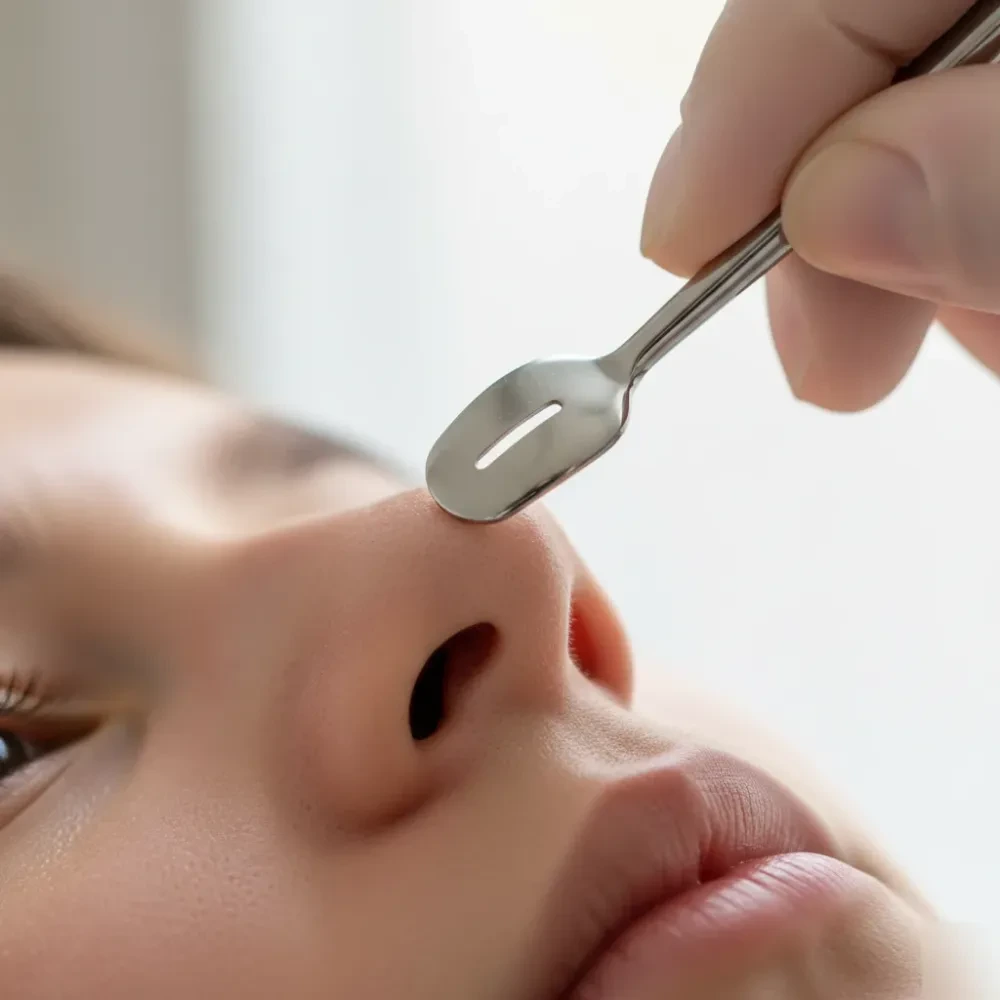Close-up of a comedone extractor tool pressed gently against a teen's nose during a facial treatment.