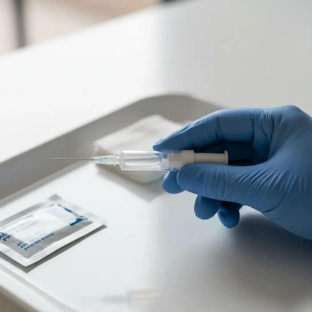 Gloved hand holding a tirzepatide injection pen on a medical tray in a clean clinic setting.