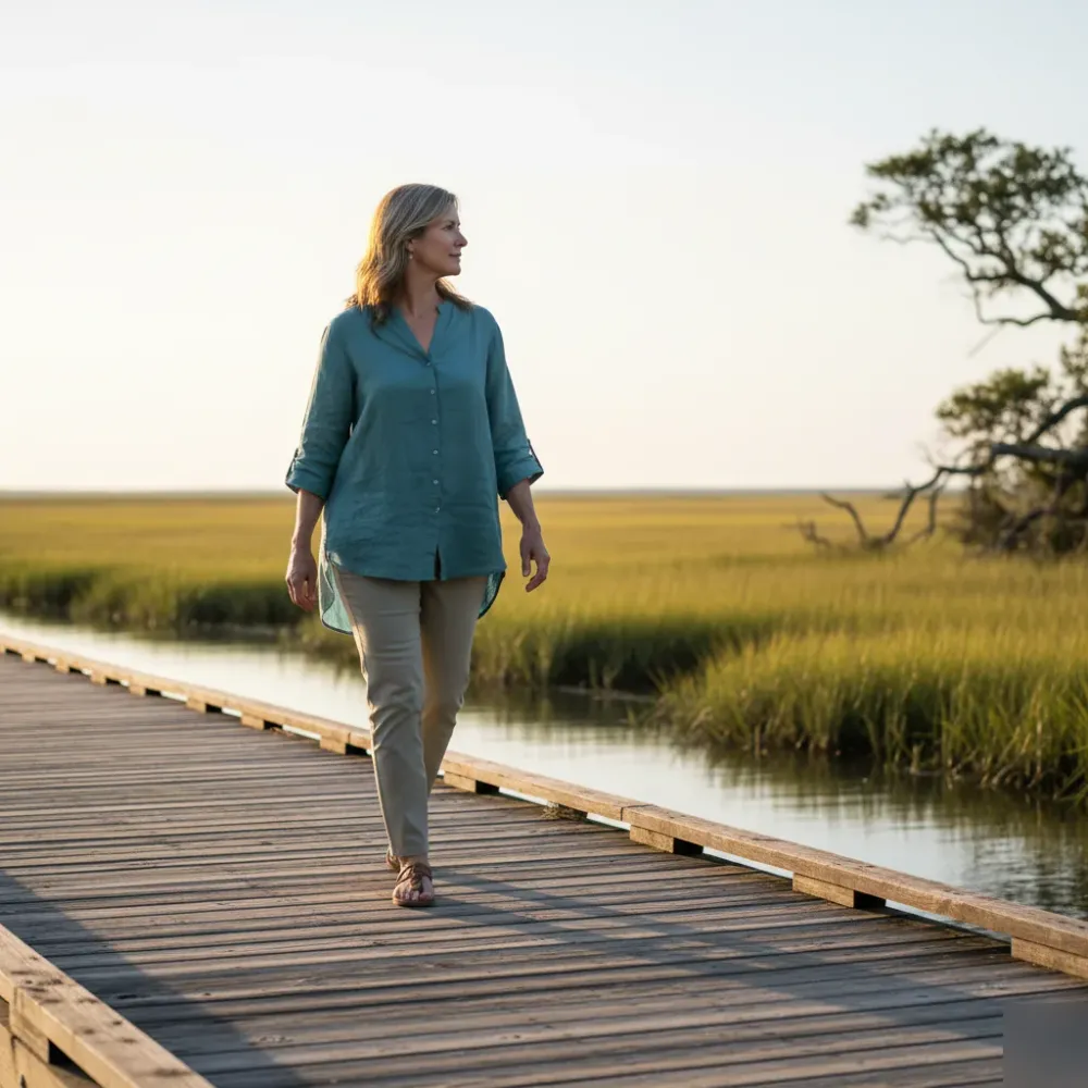 Woman in her mid-40s walks along a coastal marsh boardwalk in Murrells Inlet at golden hour during her weight loss journey.