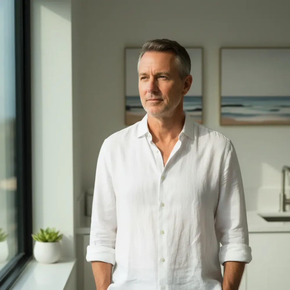 Man in his late 50s stands relaxed near a sunlit clinic window, reflecting a healthy outcome from a weight loss program.