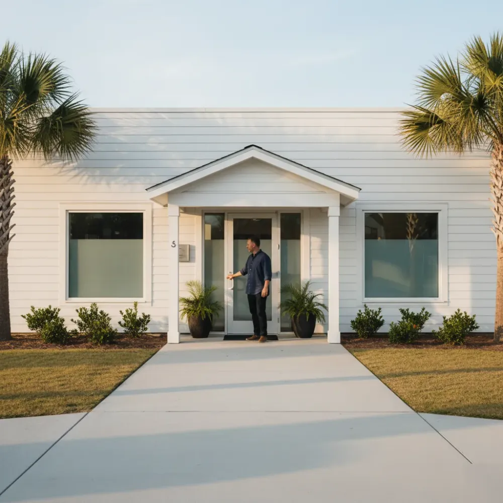 Man in his late 40s approaches the entrance of a boutique medical clinic in Murrells Inlet during golden hour light.