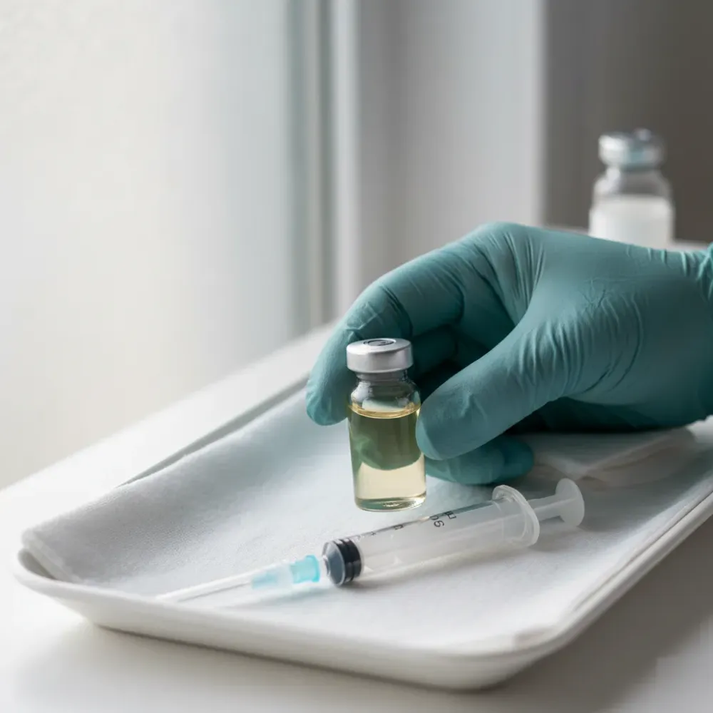 Gloved hand holds a glass vial and capped syringe on a medical tray during a testosterone therapy preparation.