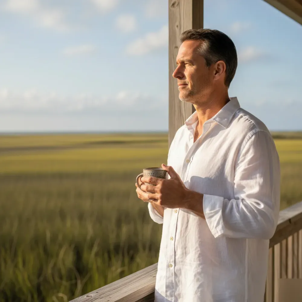 Man in his mid-50s stands on a sunlit coastal porch holding a coffee mug, looking calmly toward marsh water.