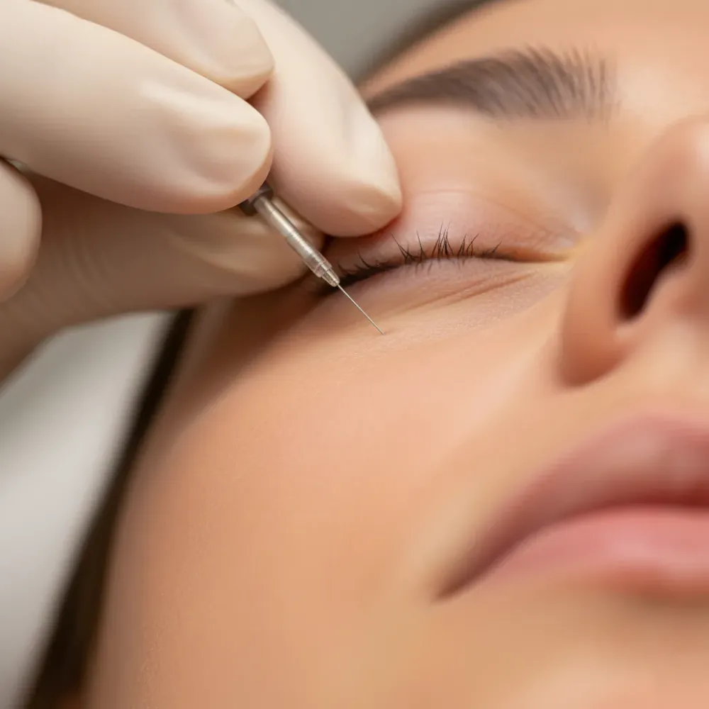 Close-up of a cannula needle positioned at the tear trough area during an under eye filler procedure.