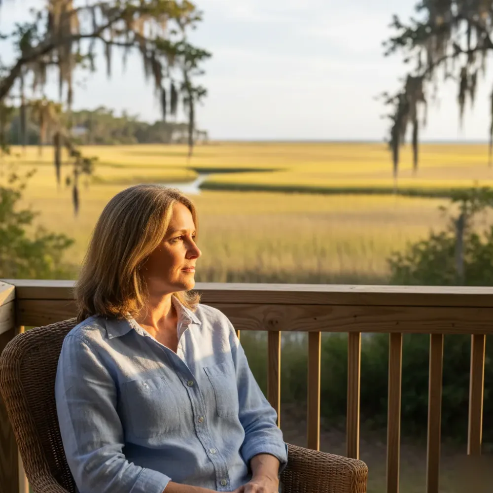 Rested-looking woman sits on a sunlit coastal porch near Murrells Inlet marsh after under eye filler treatment.
