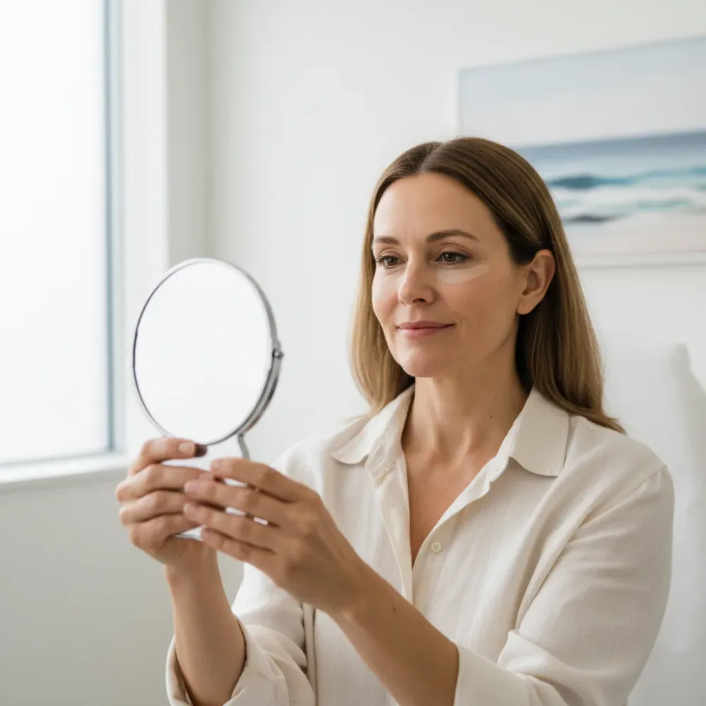 Woman in her 50s examines her refreshed under-eye area in a mirror inside a Murrells Inlet clinic.