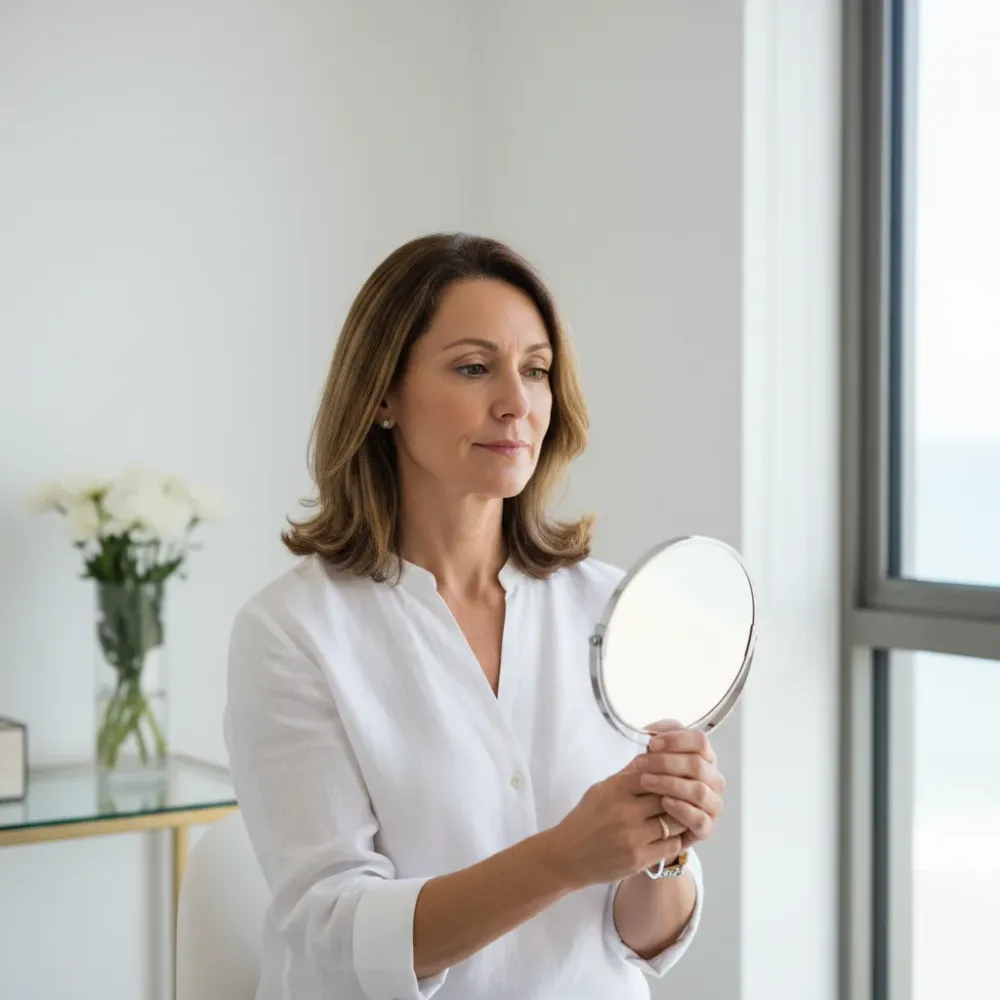 A woman in her mid-50s examines her refreshed under-eye area in a hand mirror inside a bright clinic room.