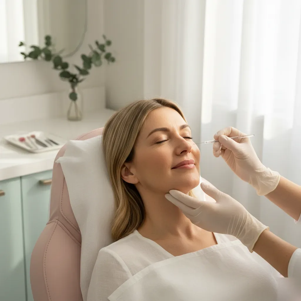 Woman receiving under eye filler treatment at a boutique clinic in Murrells Inlet, SC.