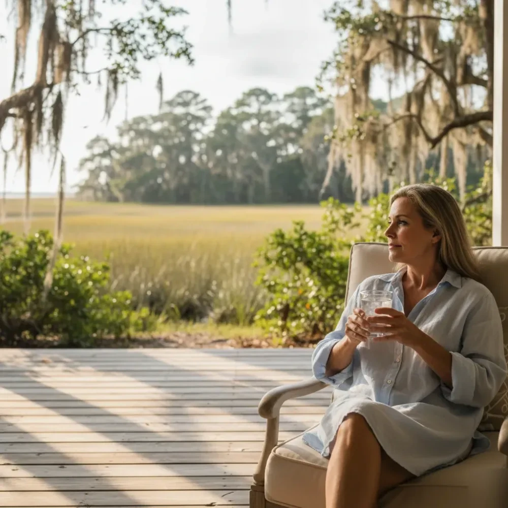 Woman sits on a sunlit coastal porch near Murrells Inlet, her skin appearing calm and even in warm afternoon light.
