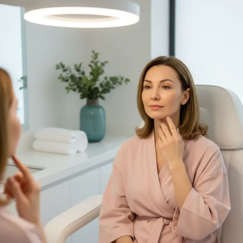 Woman in her 50s examines her skin in a treatment room mirror after a vitamin C facial, her complexion appearing even and