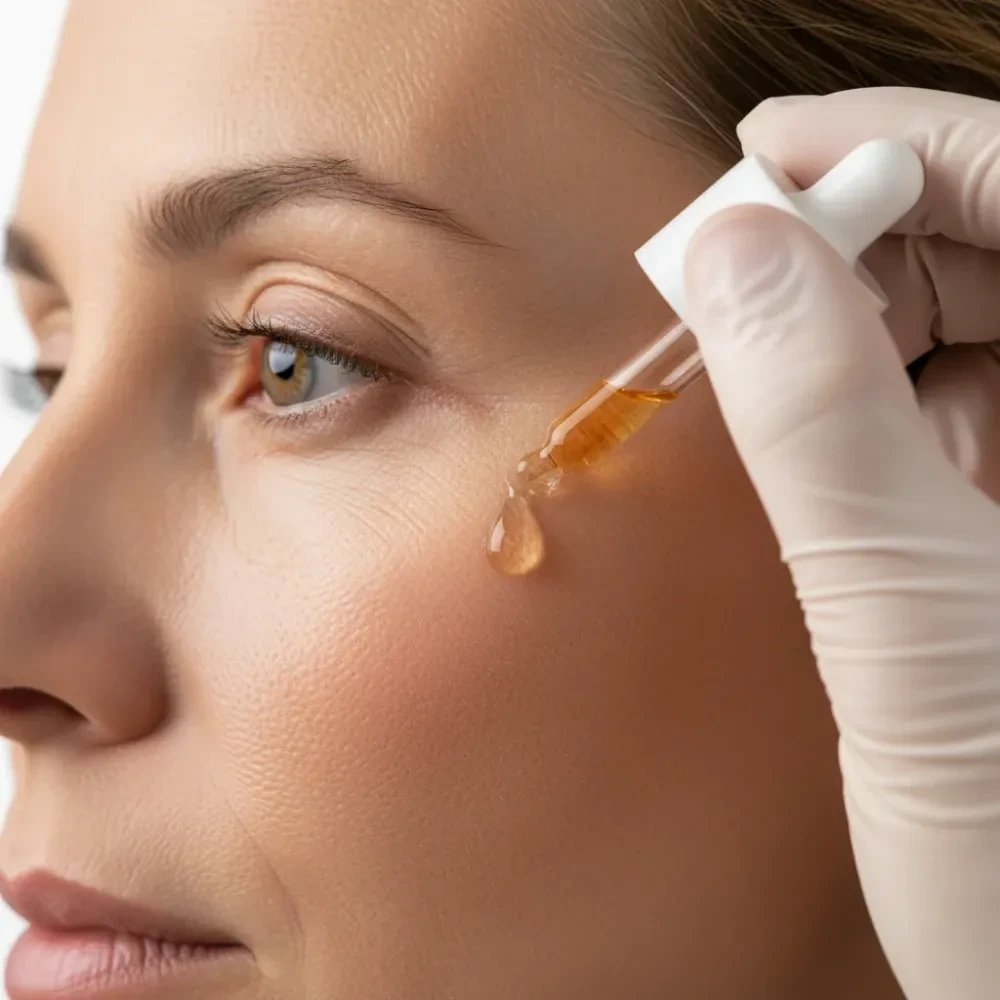 Close-up of a vitamin C serum droplet being applied to a woman's cheekbone, revealing natural skin texture and pores.