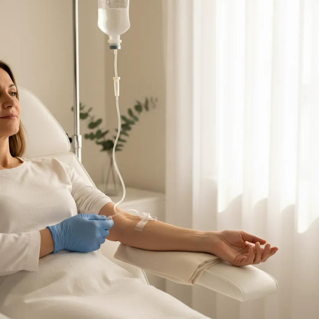 Woman receiving vitamin IV therapy at a boutique clinic in Murrells Inlet, SC.