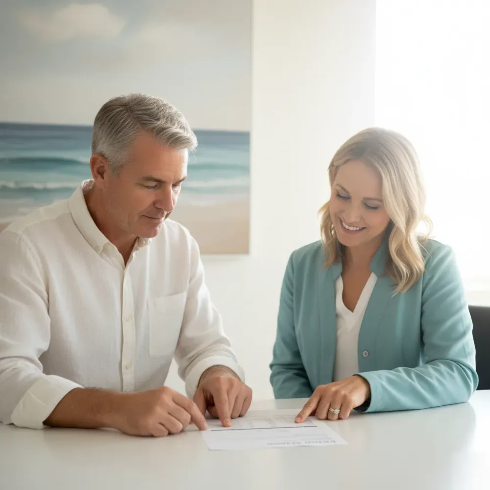 A man reviews printed blood work results with a clinician at a weight loss consultation in Murrells Inlet.