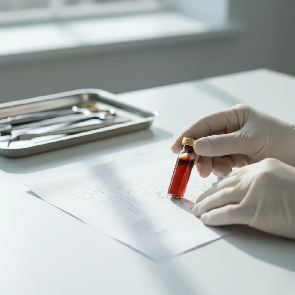 Clinician's hands holding a blood work vial next to printed lab results on a surface inside a medical clinic.