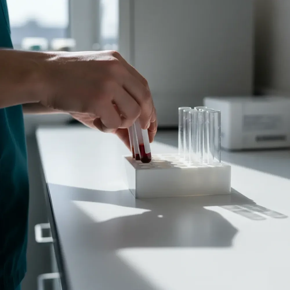 Clinician's hands place a labeled blood vial into a specimen tray on a clean clinic countertop.