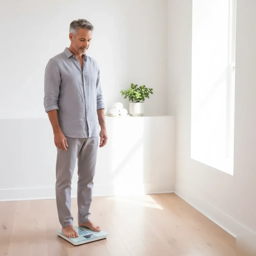 Man in his mid-50s stands calmly on a body composition scale inside a bright, minimalist clinic room.