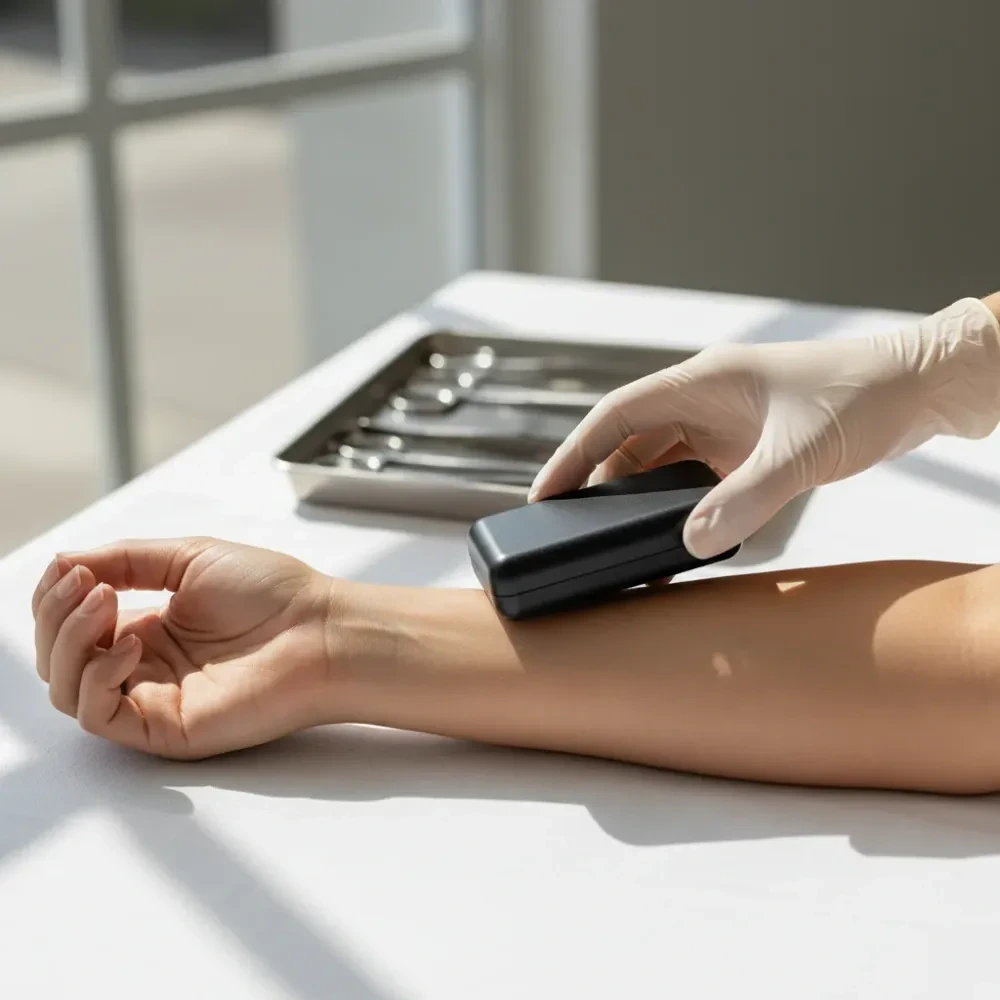Provider holds a body composition device against a patient's forearm on a linen surface during a weight loss assessment — Weight Loss Consultation at Jolie Visage in Murrells Inlet, SC