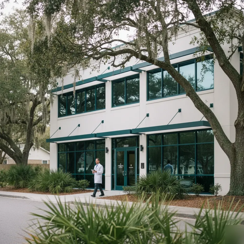 Modern boutique weight loss clinic exterior surrounded by coastal palmettos and live oaks in Murrells Inlet.
