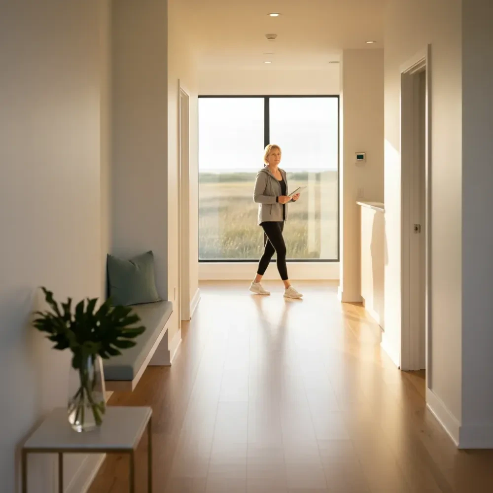 Woman in her early 50s walks through a bright boutique clinic hallway toward a large window overlooking coastal marsh in