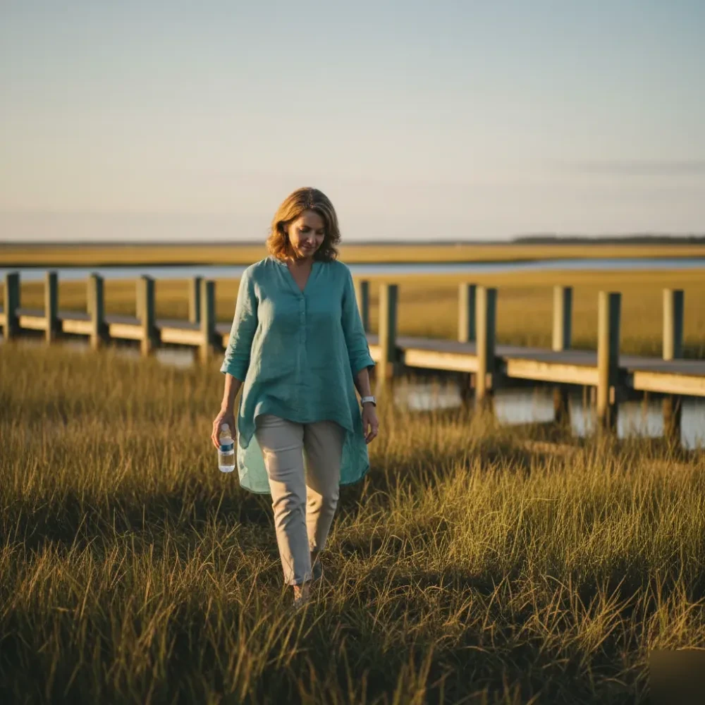Woman in her early 50s walks along a marsh-side path in Murrells Inlet during golden hour, holding a water bottle.