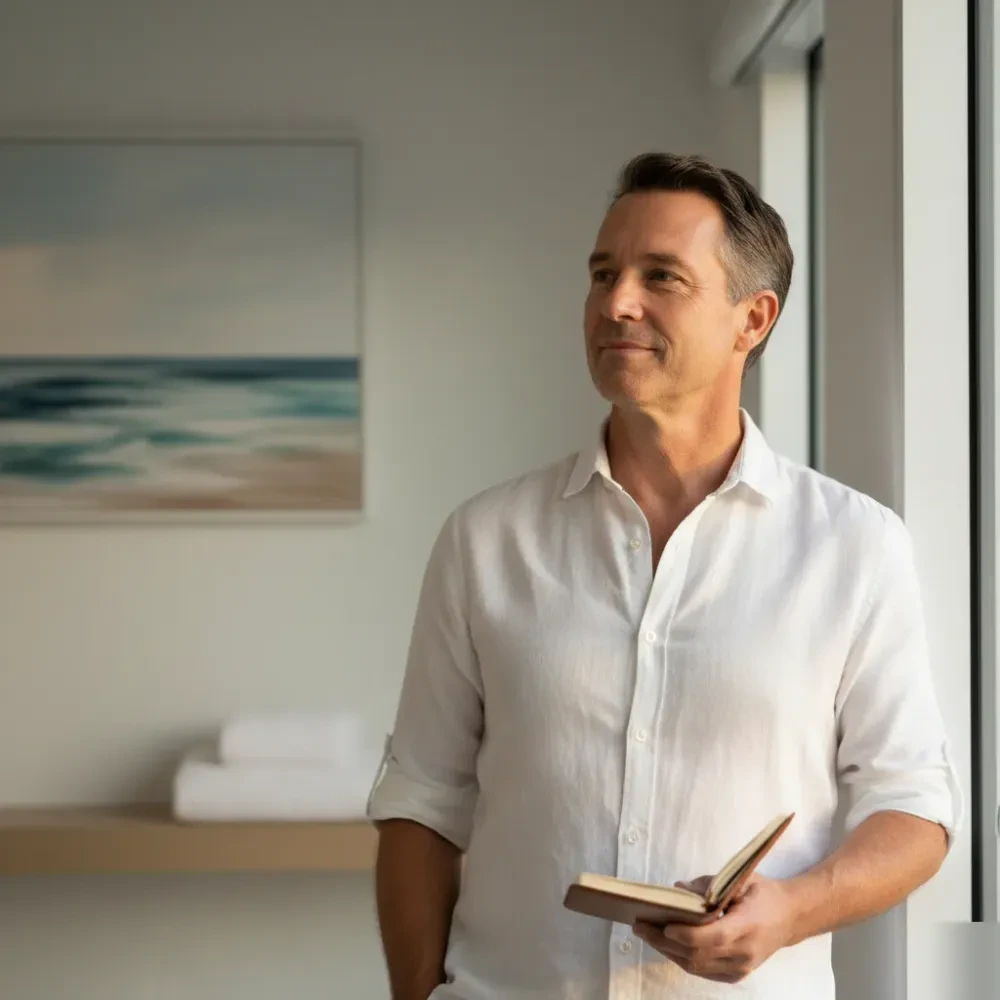 Man in his mid-50s stands near a sunlit window inside a coastal wellness clinic, holding a wellness journal.