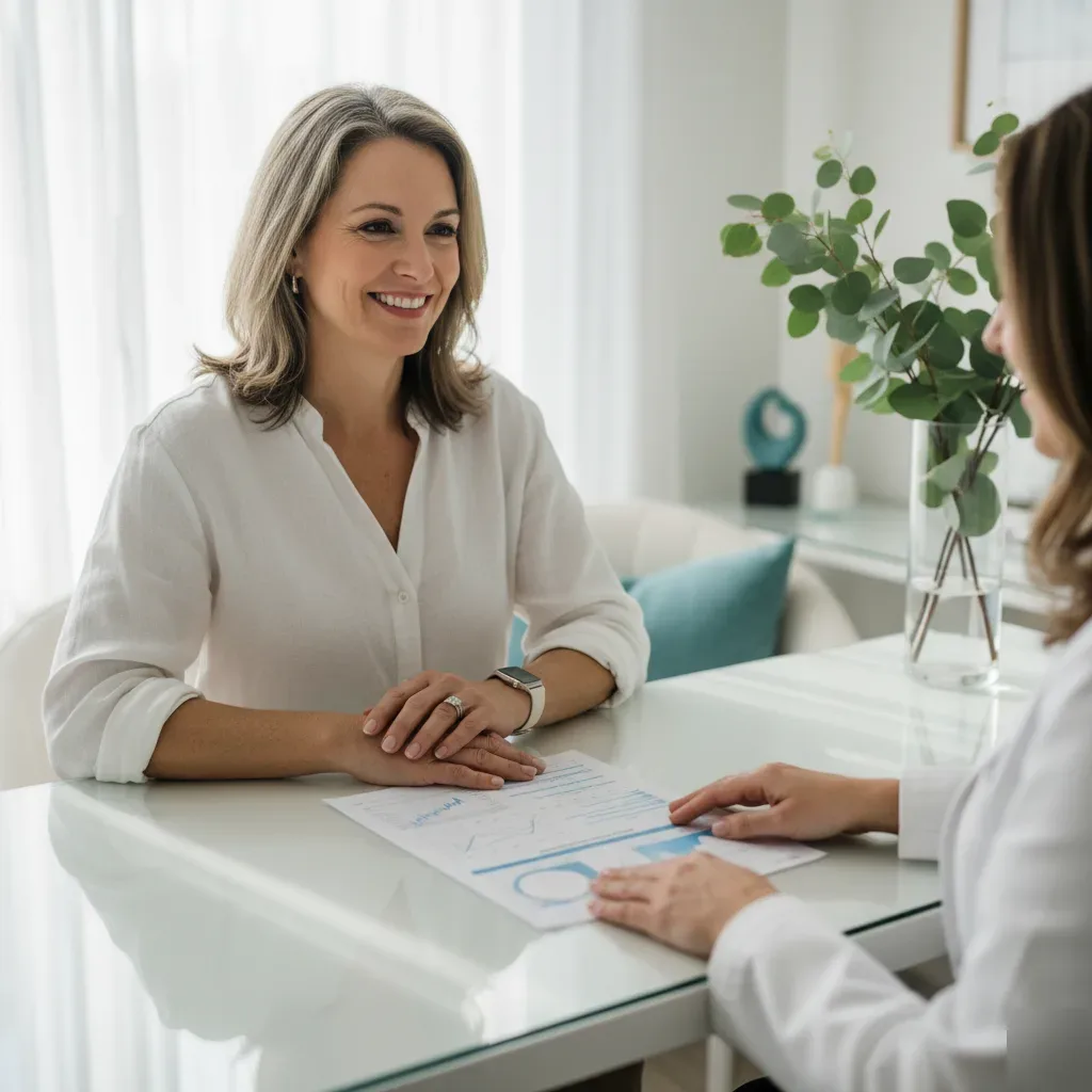 A woman in her late 40s reviewing a body composition report with a clinician in a bright, coastal-style medical clinic.